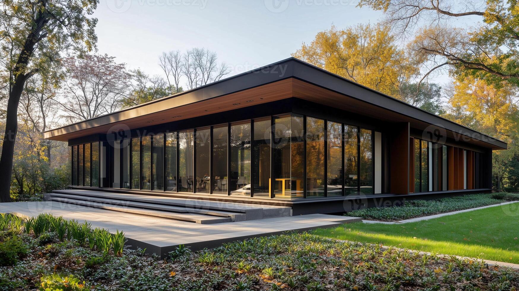 A large house with a lot of windows and a green lawn. The house is surrounded by trees and has a modern design photo
