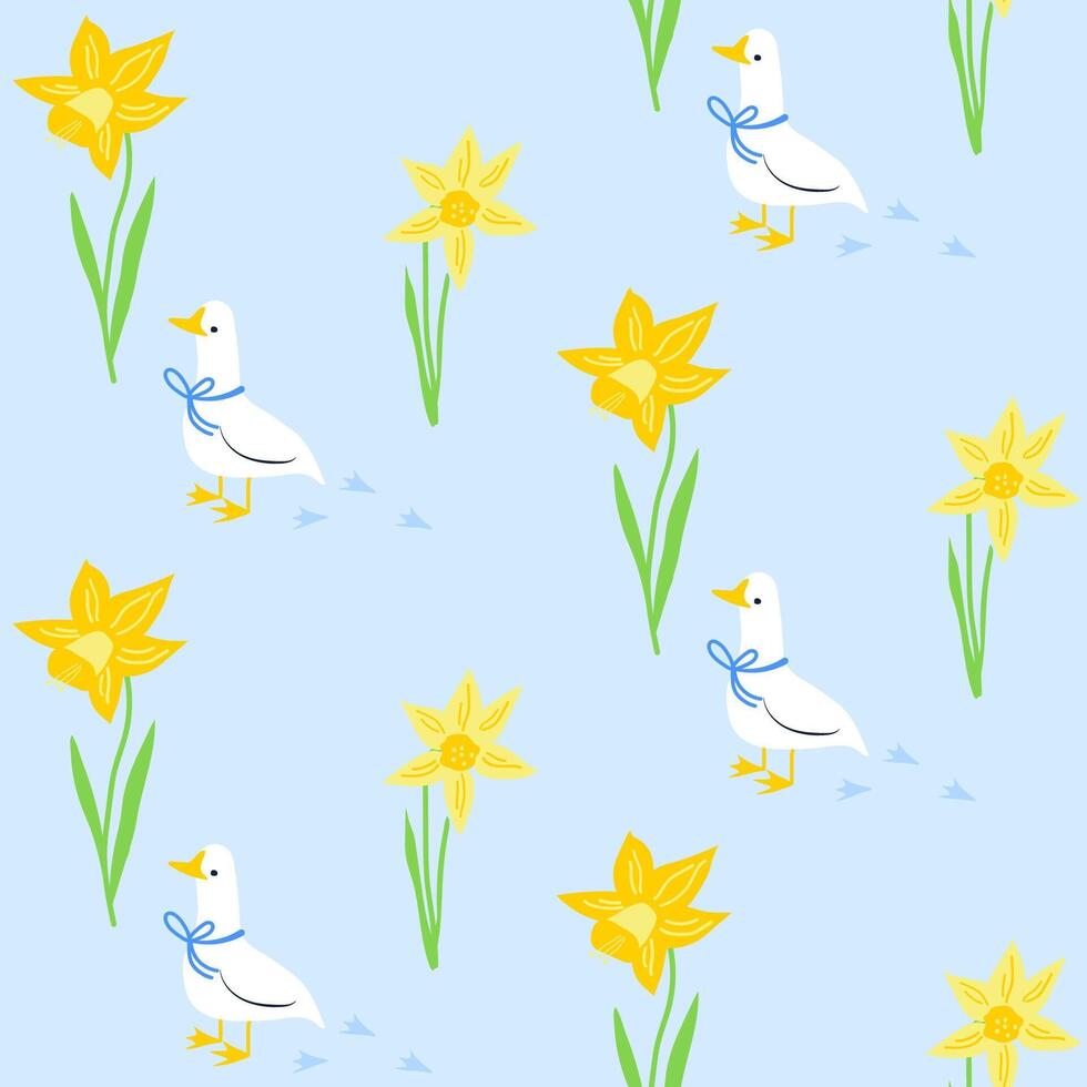 Seamless pastel spring floral pattern with white goose or duck bird. Background with daffodil flowers, leaves. vector