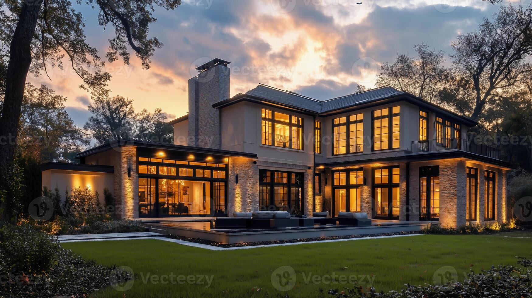 A large house with a pool and a large yard. The house is lit up at night. Scene is warm and inviting photo