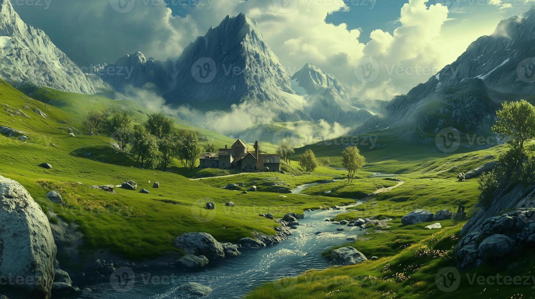 A beautiful mountain landscape with a river running through it. The scene is peaceful and serene, with a small village in the distance. The mountains are covered in snow photo