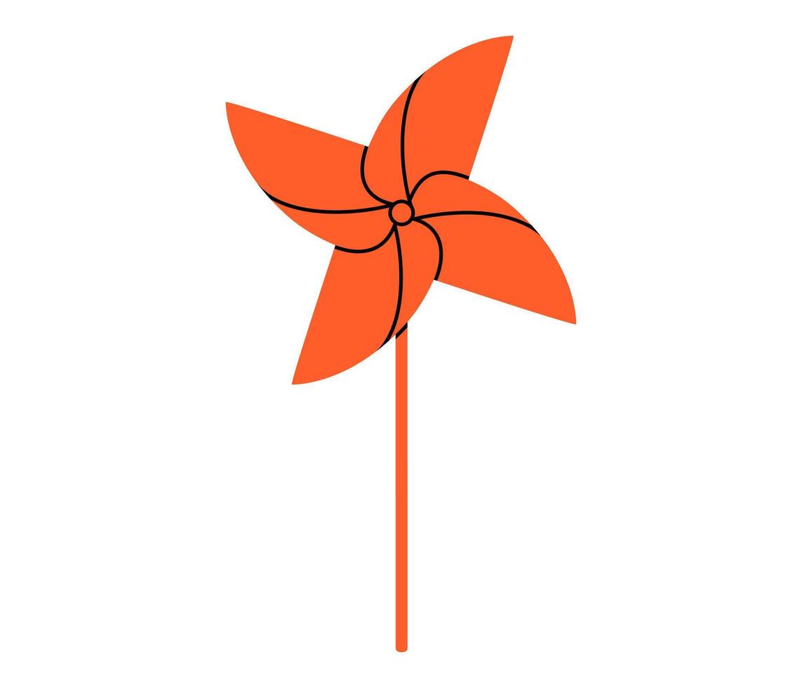 Hand drawn cute cartoon illustration of paper pinwheel. Flat kids toy doodle. Rotation propeller game. Windmill craft origami icon. Vacation or leisure sticker. Way forward. Isolated. vector