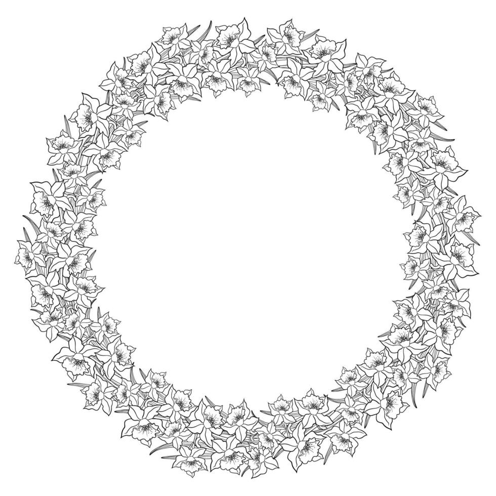 Round Floral Wreath Drawn In Line Art Style vector