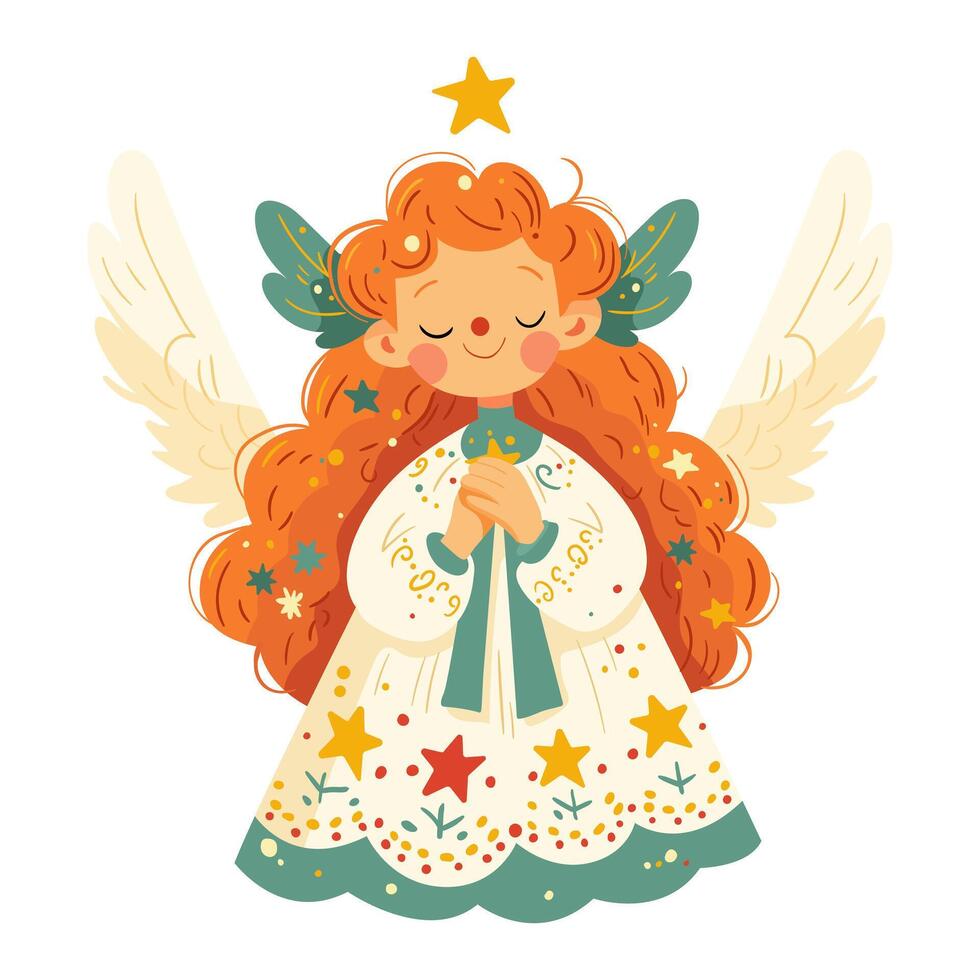 Cute angel girl with wings, dress decorated with stars. vector