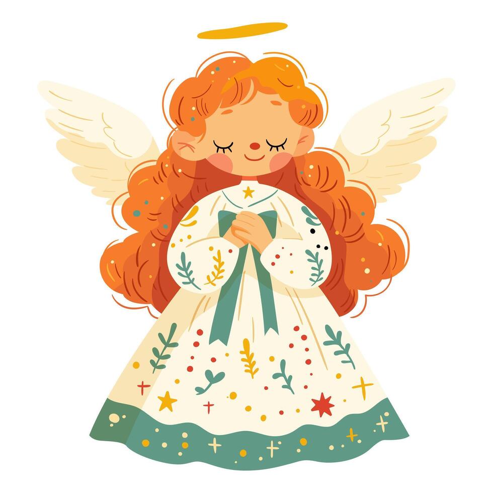 A cute little angel girl is holding a bow with wings and a halo above her head. vector