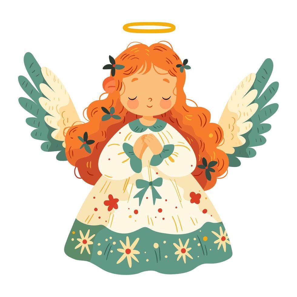 Cute little angel girl with wings and a halo over her head. vector