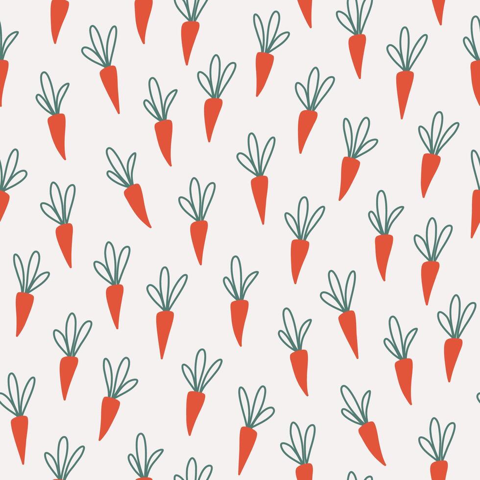 Happy Easter print with carrot. Harvest festival minimalistic plant background. Cute vegetable seamless pattern design for baby nursery, card, textile. Hand drawn illustration. vector