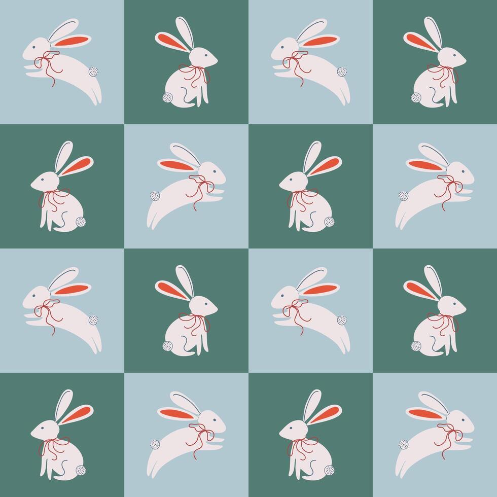 Happy Easter bunny pattern. Minimalistic geometric background with rabbit wearing decorative bow. Cute animal checkered pattern design for baby nursery or textile. Hand drawn illustration. vector