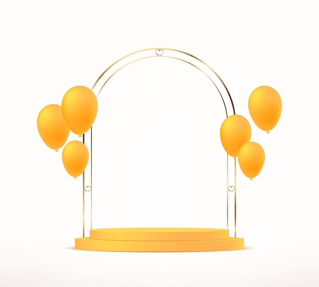 White background 3d with yellow podium and balloons. 3D abstract studio room with pedestal podium. Space for selling products, backdrop, wallpaper, background, text. illustration. vector