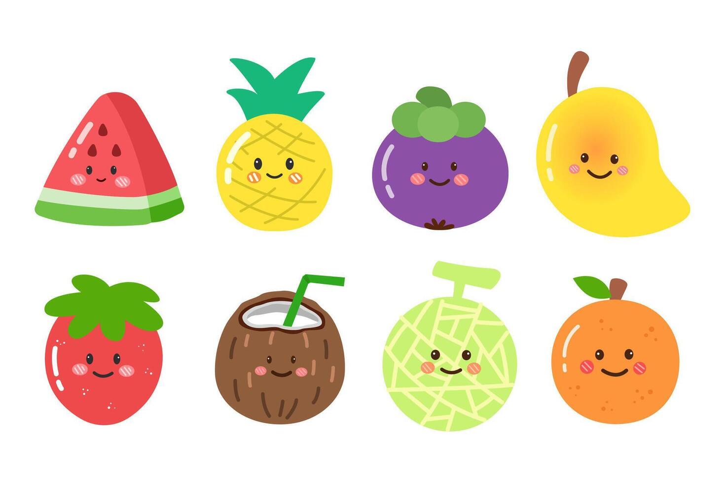 set of summer tropical fruits cartoon character vector