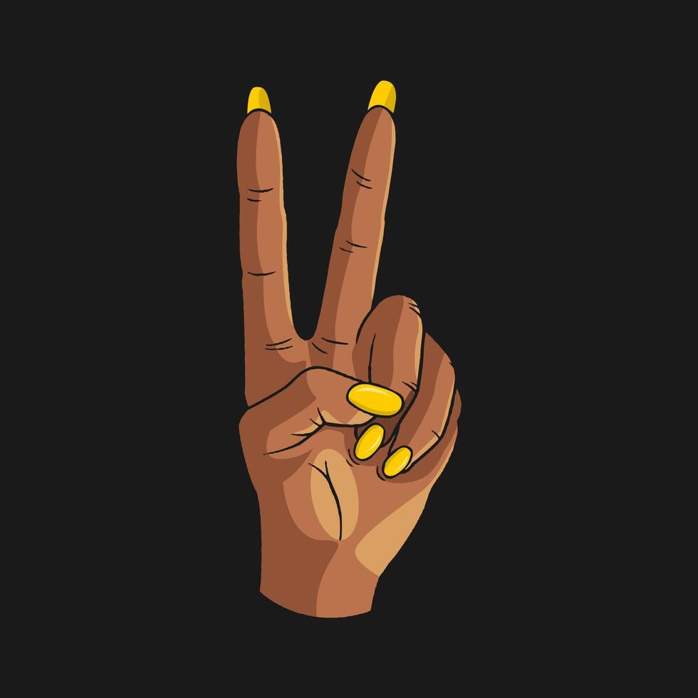 Black hippie shows two fingers. Universal hand gesture of peace. vector