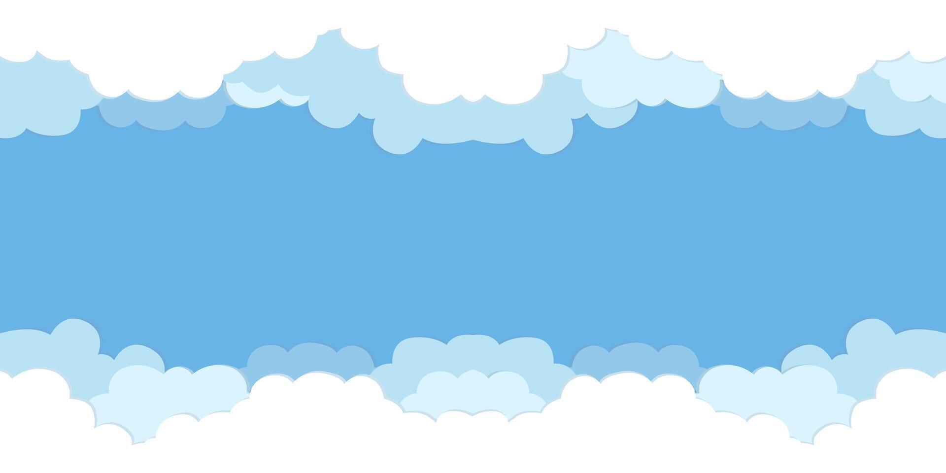 Blue sky with white clouds background. Border of clouds. Simple cartoon design. vector
