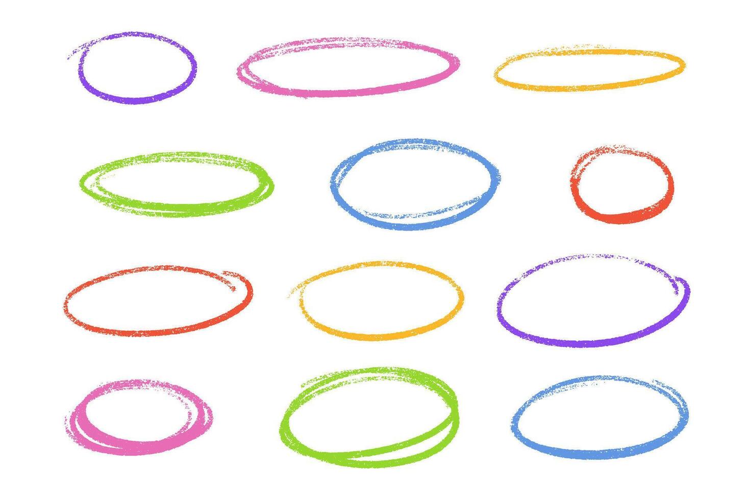Crayon ellipse highlight chalk collection. Oval outlines with grainy texture on white background. vector