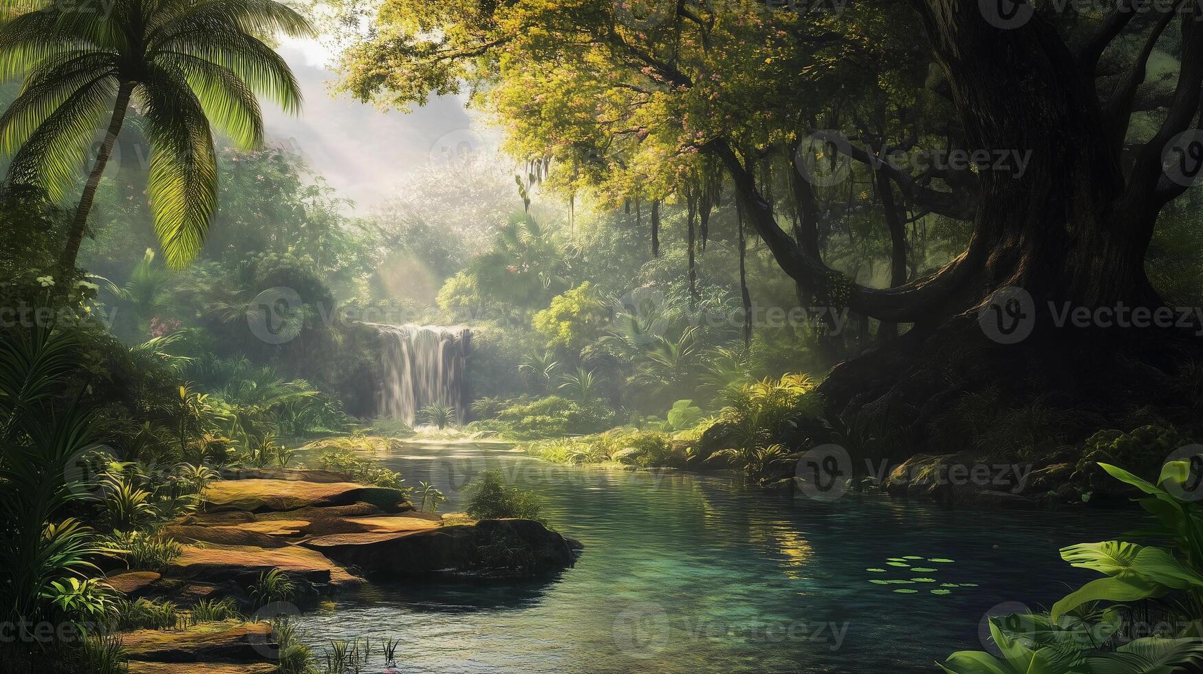 A lush jungle with a waterfall and a river. The scene is peaceful and serene, with the sunlight filtering through the trees and casting a warm glow on the water photo
