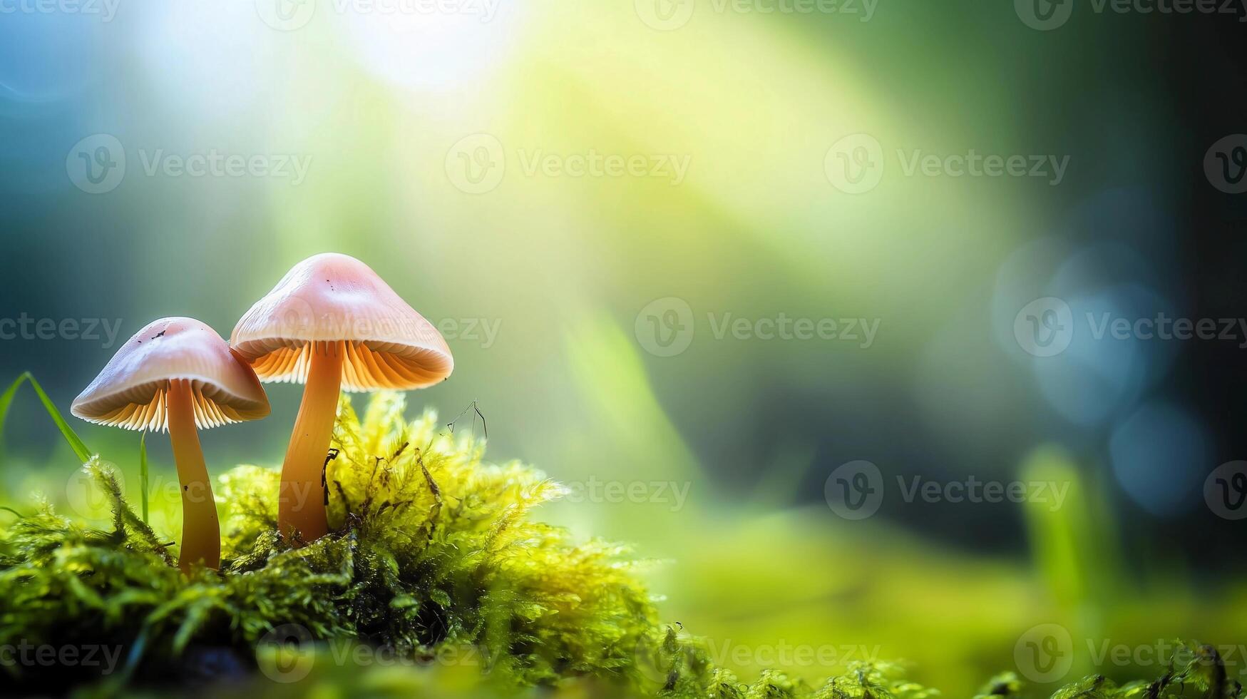 Two mushrooms are on a mossy green field. The mushrooms are small and brown. The field is bright and sunny photo