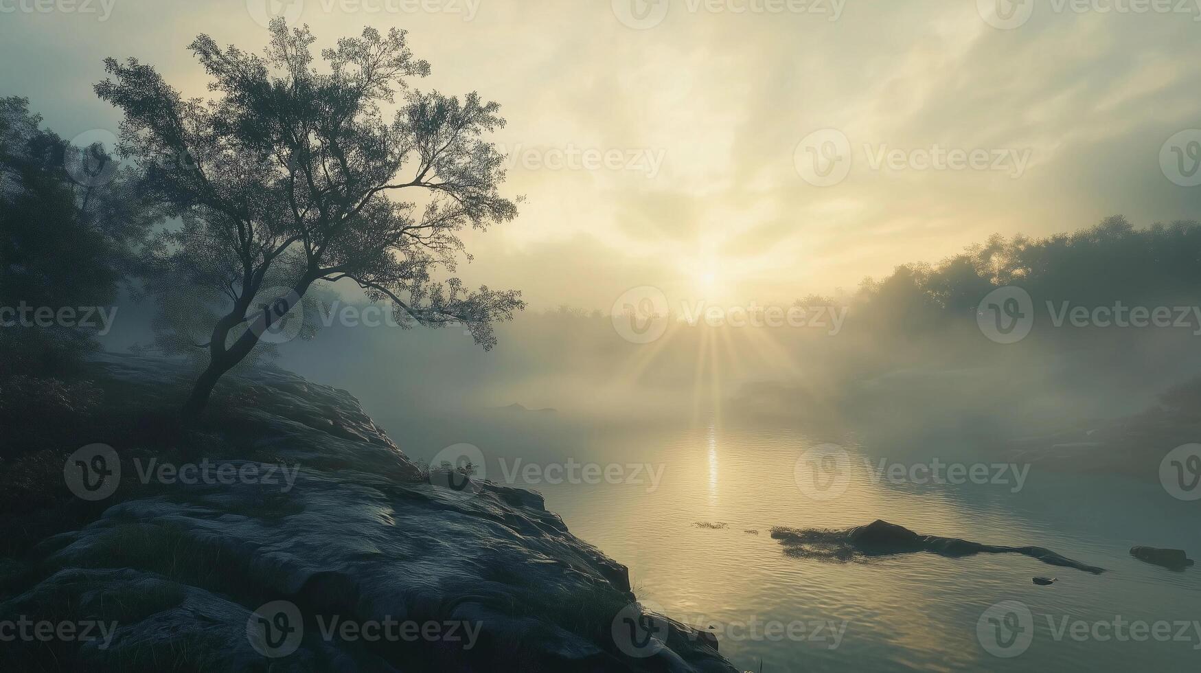 A tree is in the foreground of a foggy, misty landscape. The sun is setting, casting a warm glow over the water. The scene is peaceful and serene photo