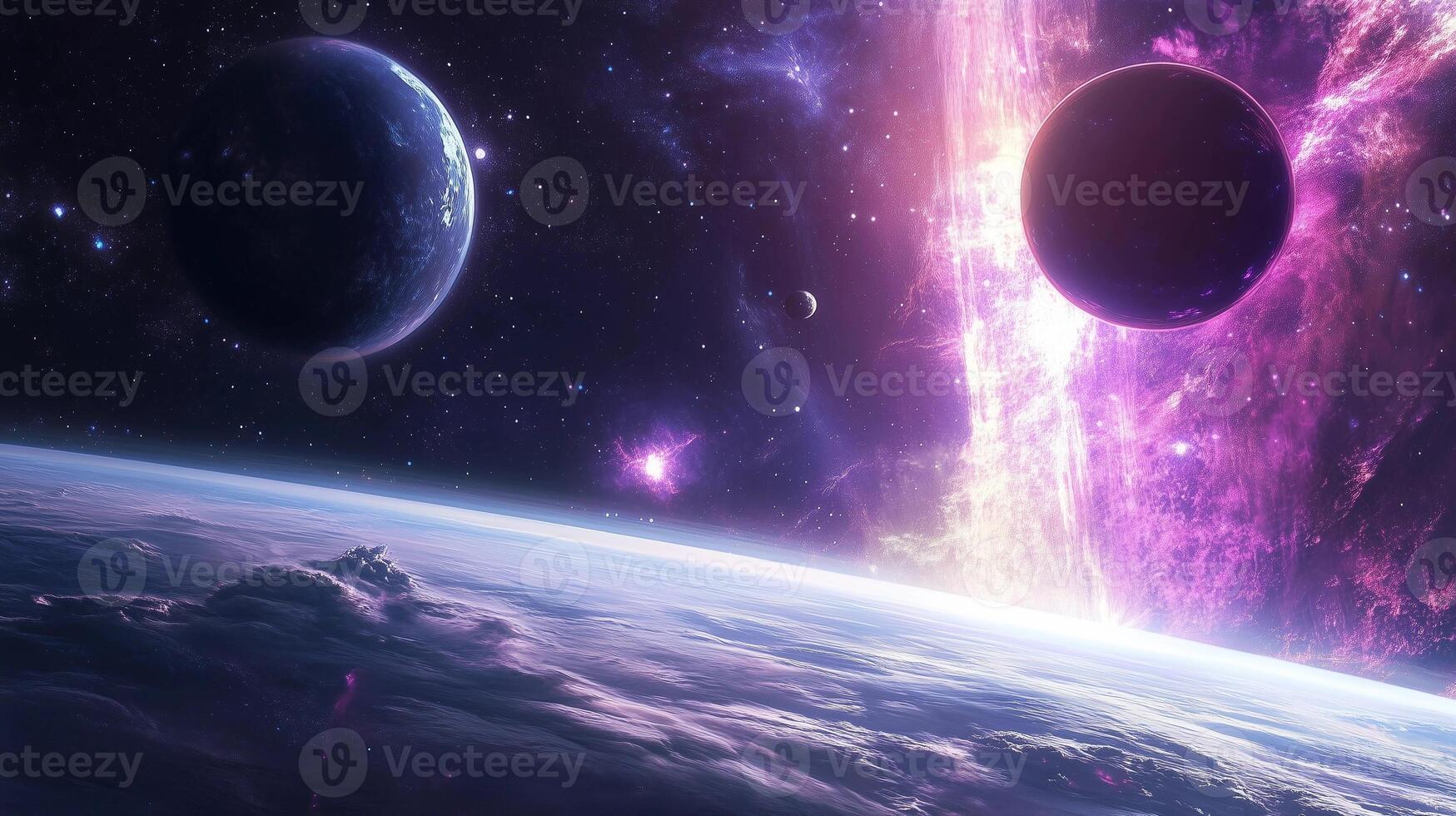 A beautiful and tranquil space scene with two planets and a purple cloud floating in the sky. The planets are positioned at opposite ends of the frame photo
