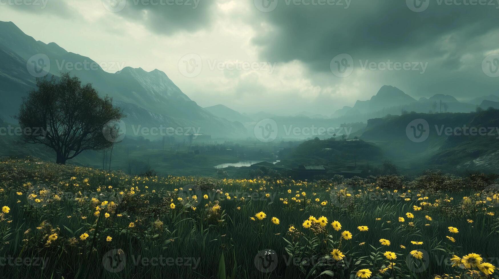 A field of yellow flowers with a tree in the foreground. The sky is cloudy and the mountains in the background are covered in snow photo