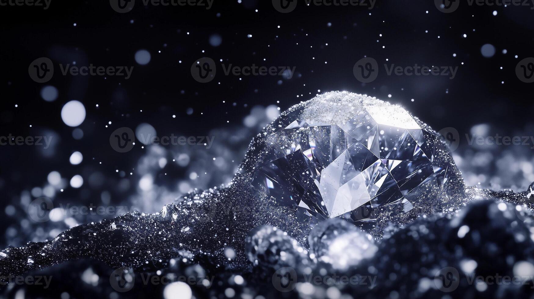 A diamond is on a black surface with a lot of glitter. The diamond is surrounded by a lot of sparkles, giving it a shiny and glamorous appearance photo
