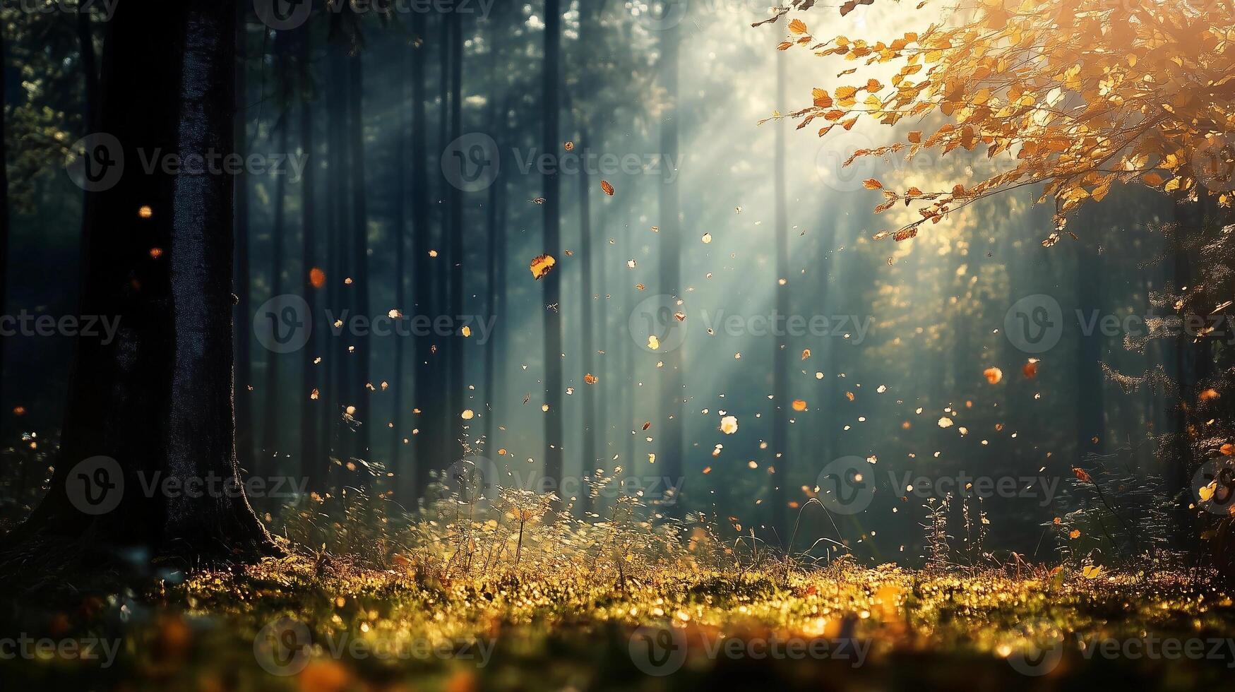 A forest with a tree in the foreground and a lot of leaves on the ground. The leaves are scattered all over the ground, and the sunlight is shining through the trees photo