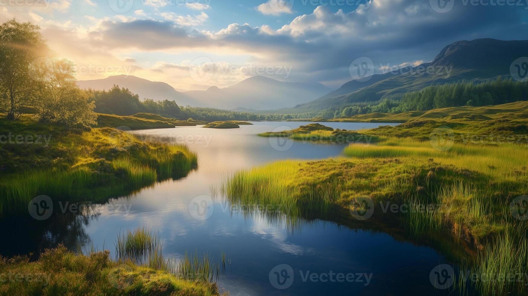 A beautiful landscape with a lake and mountains in the background. The sky is cloudy and the sun is setting photo