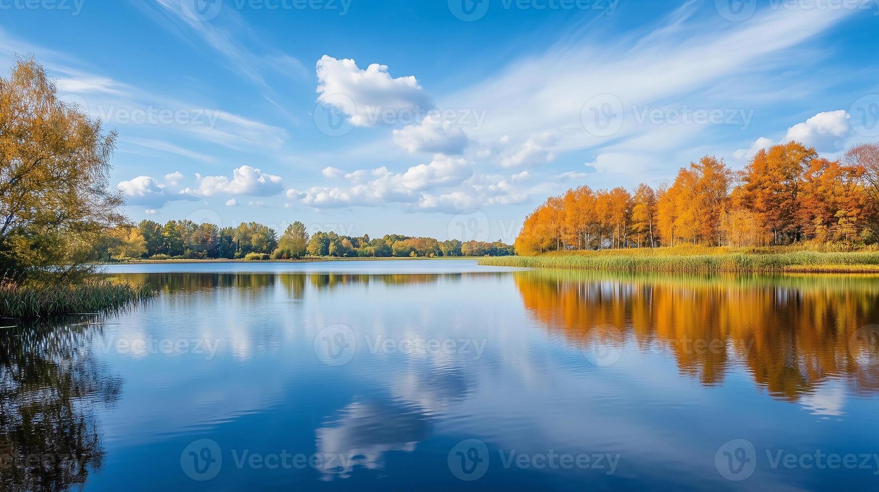 A beautiful lake with a clear blue sky and a few trees in the background. The water is calm and still, reflecting the sky and the trees. The scene is peaceful and serene photo