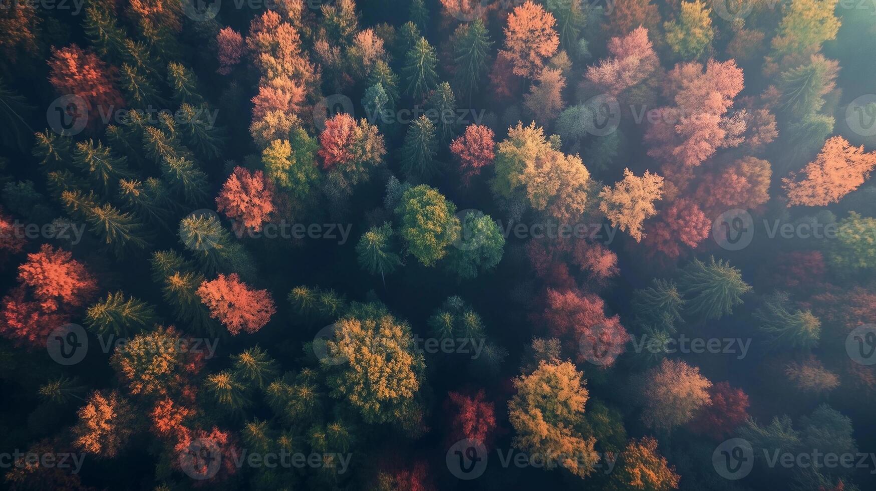 A forest with many trees in various colors of fall. The trees are in a spiral pattern. The sky is cloudy and the sun is shining through the trees photo