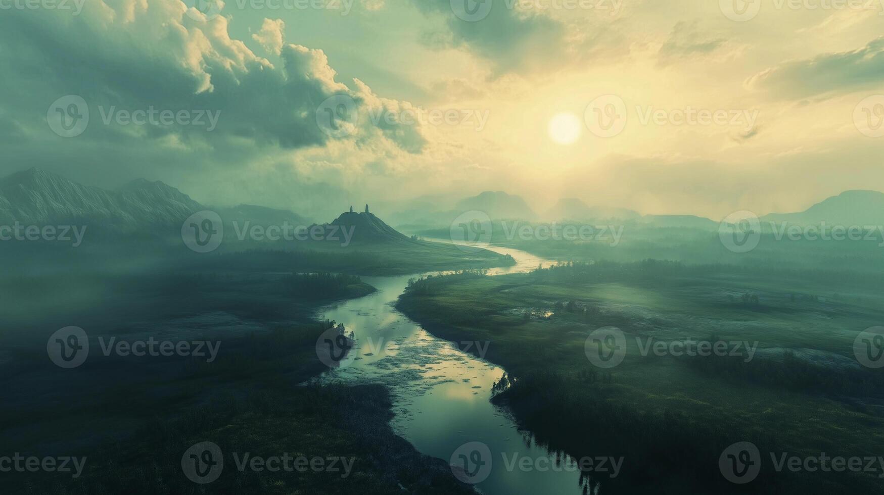 A beautiful landscape with a river running through it. The sky is cloudy and the sun is setting photo