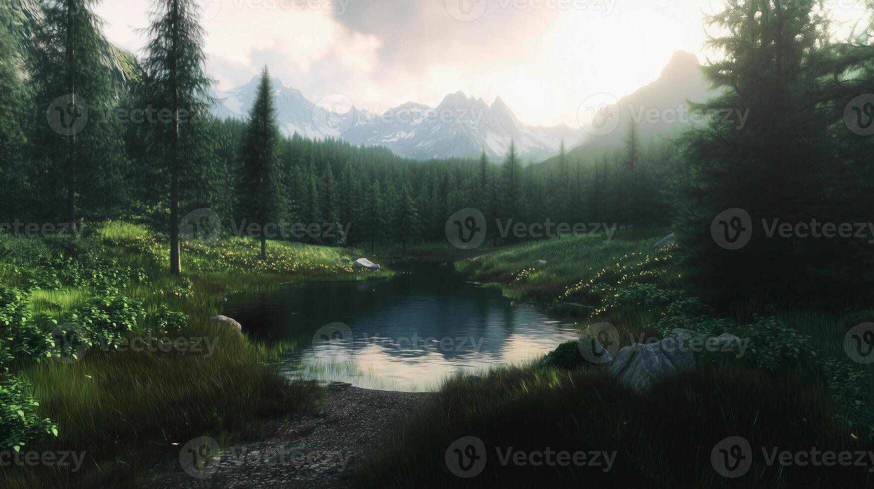 A serene forest scene with a small pond in the middle. The water is calm and the trees are lush and green. Scene is peaceful and tranquil photo
