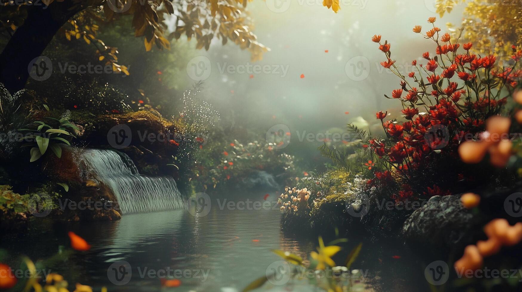 A forest scene with a waterfall and a river. The water is calm and the trees are lush and green photo