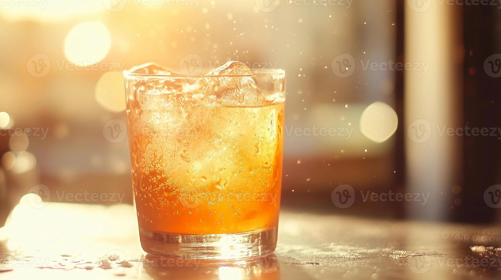A glass of a drink with ice in it. The drink is a mixture of orange juice and soda. The glass is half full and the ice is melting, creating a splash. The image has a bright photo