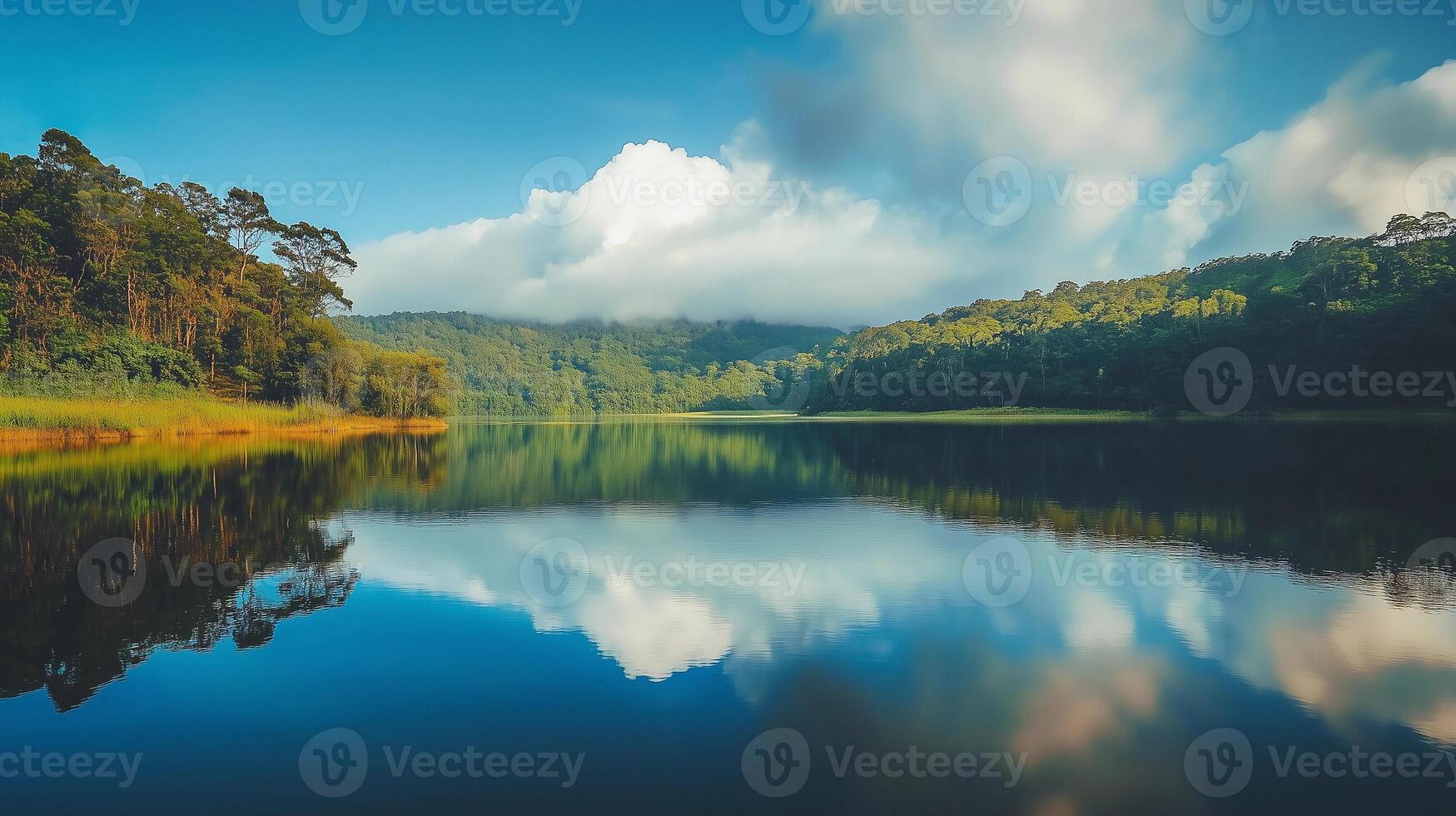 A beautiful lake with a cloudy sky in the background. The water is calm and still, reflecting the trees and sky above. The scene is peaceful and serene photo
