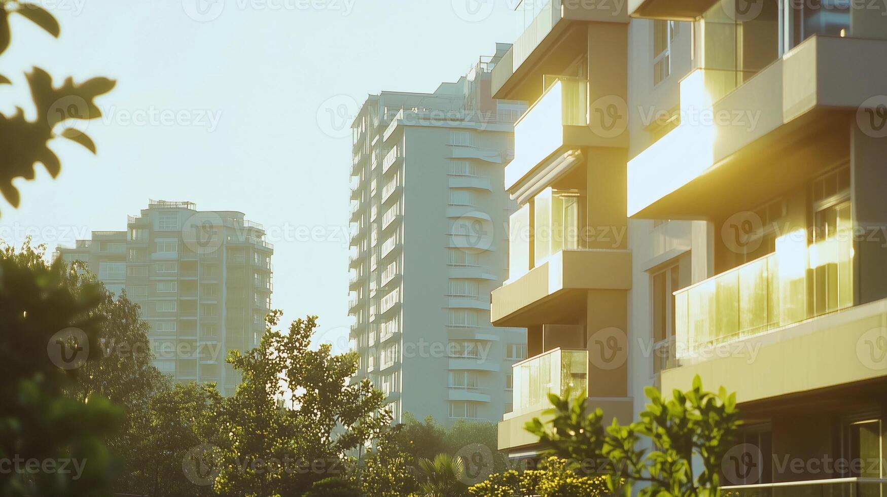 un ciudad horizonte con un grande edificio en el medio y un fila de Departamento edificios en el Derecha foto