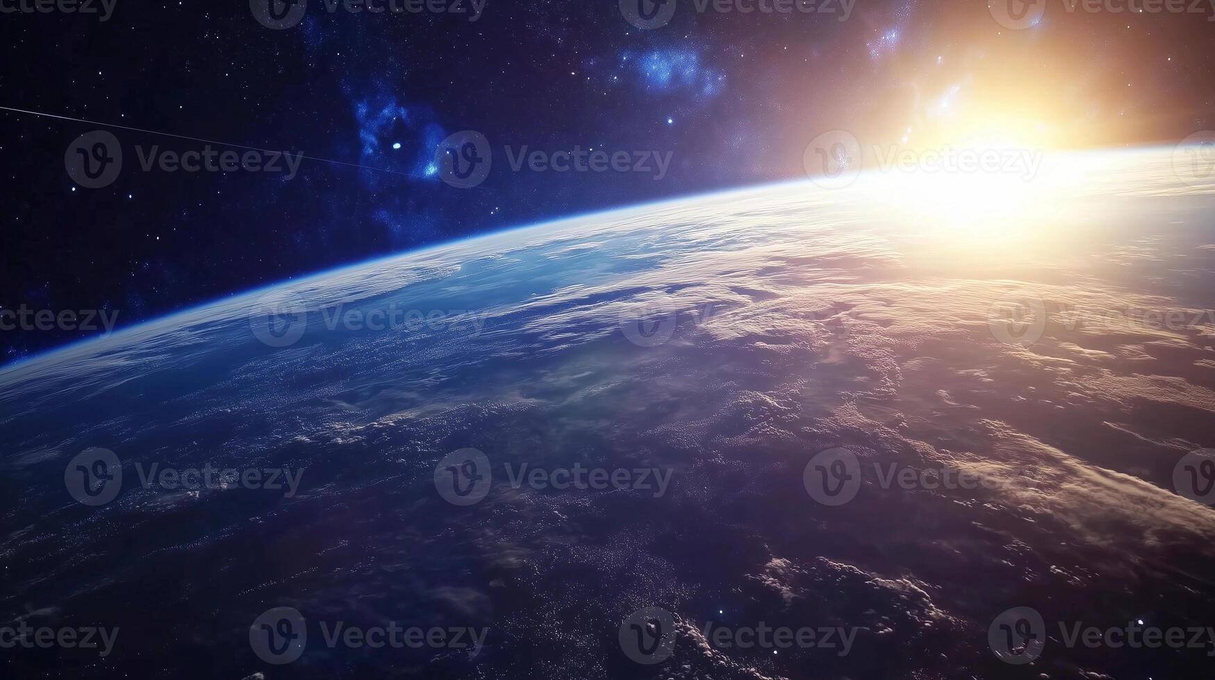 A beautiful view of the Earth from space. The blue and white colors of the planet are contrasted with the dark blue of the sky. The sun is shining brightly photo