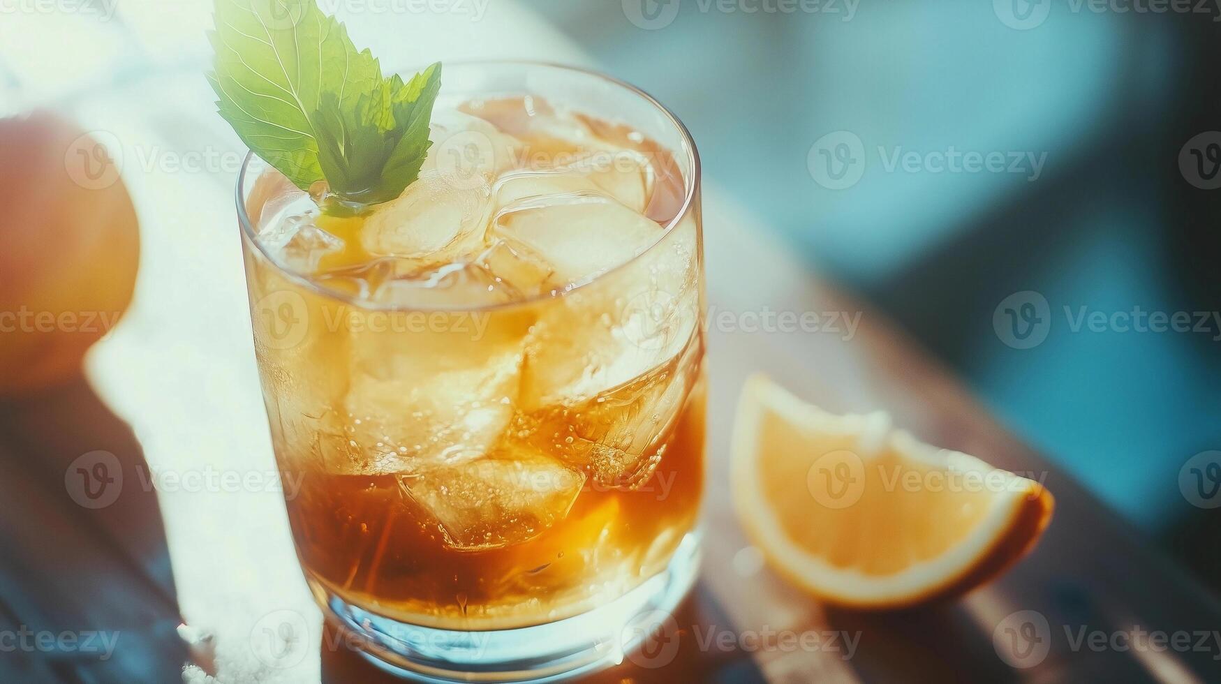 A glass of iced tea with a sprig of mint on top. A slice of orange is on the table next to the glass photo