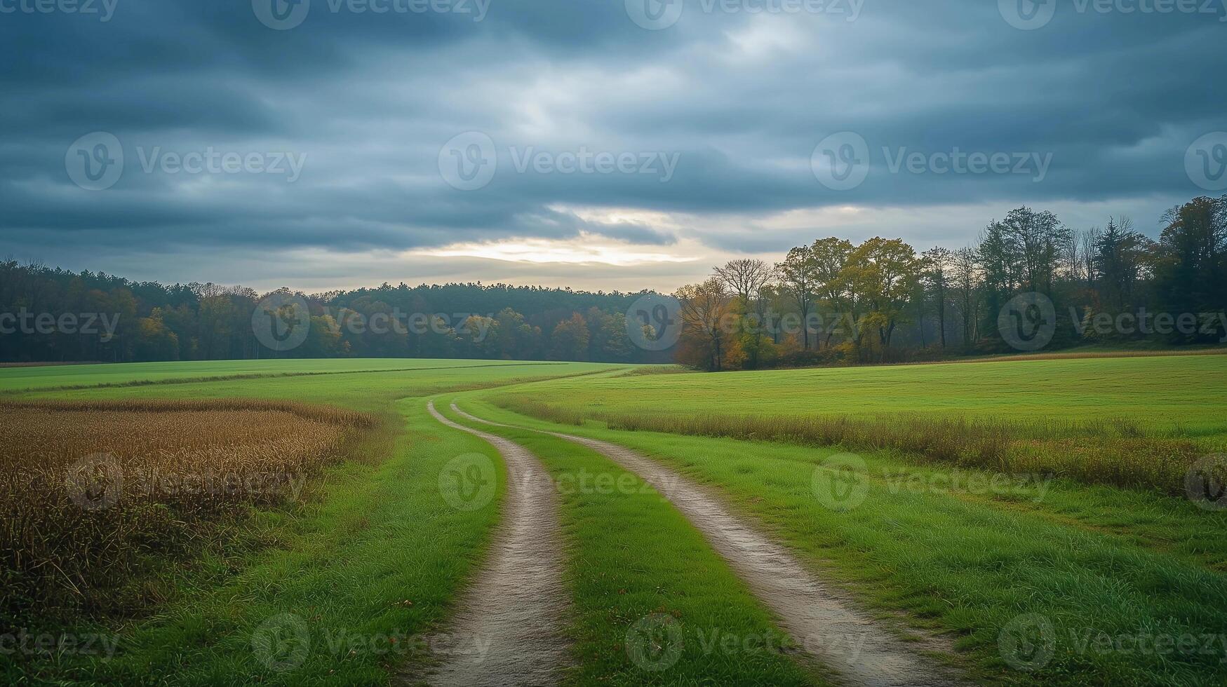 A road cuts through a grassy field with trees in the background. The sky is cloudy and the sun is setting photo