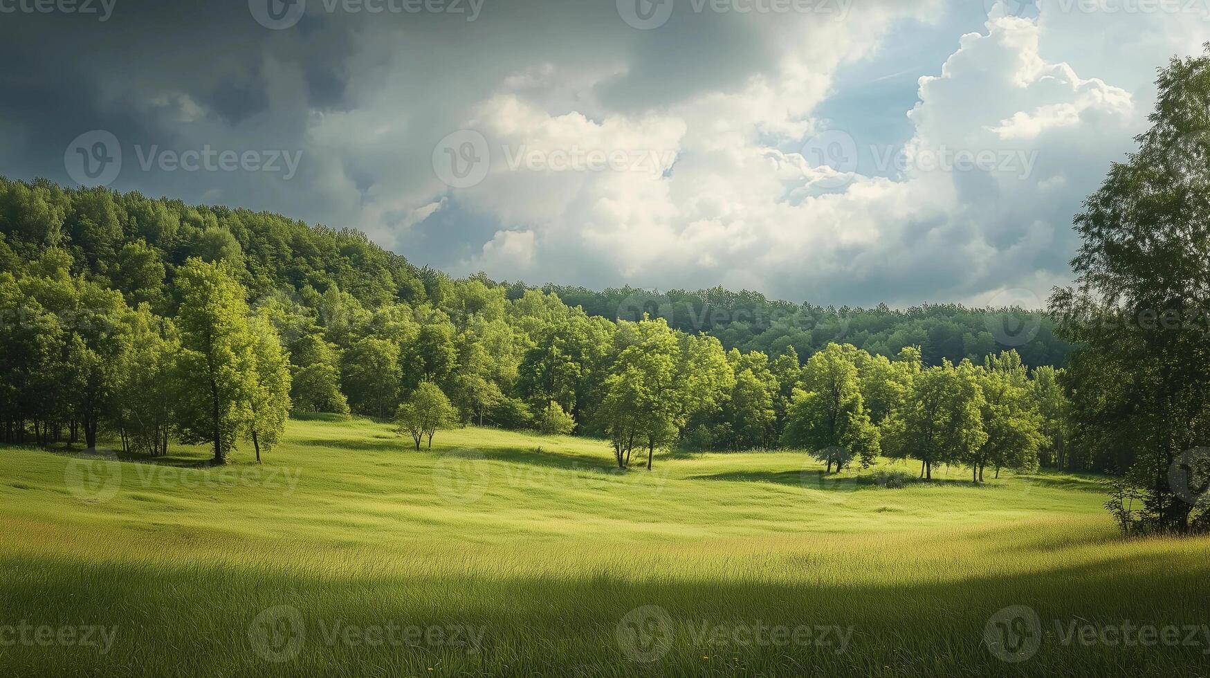 A large field of green grass with trees in the background. The sky is cloudy and the sun is shining through the clouds photo