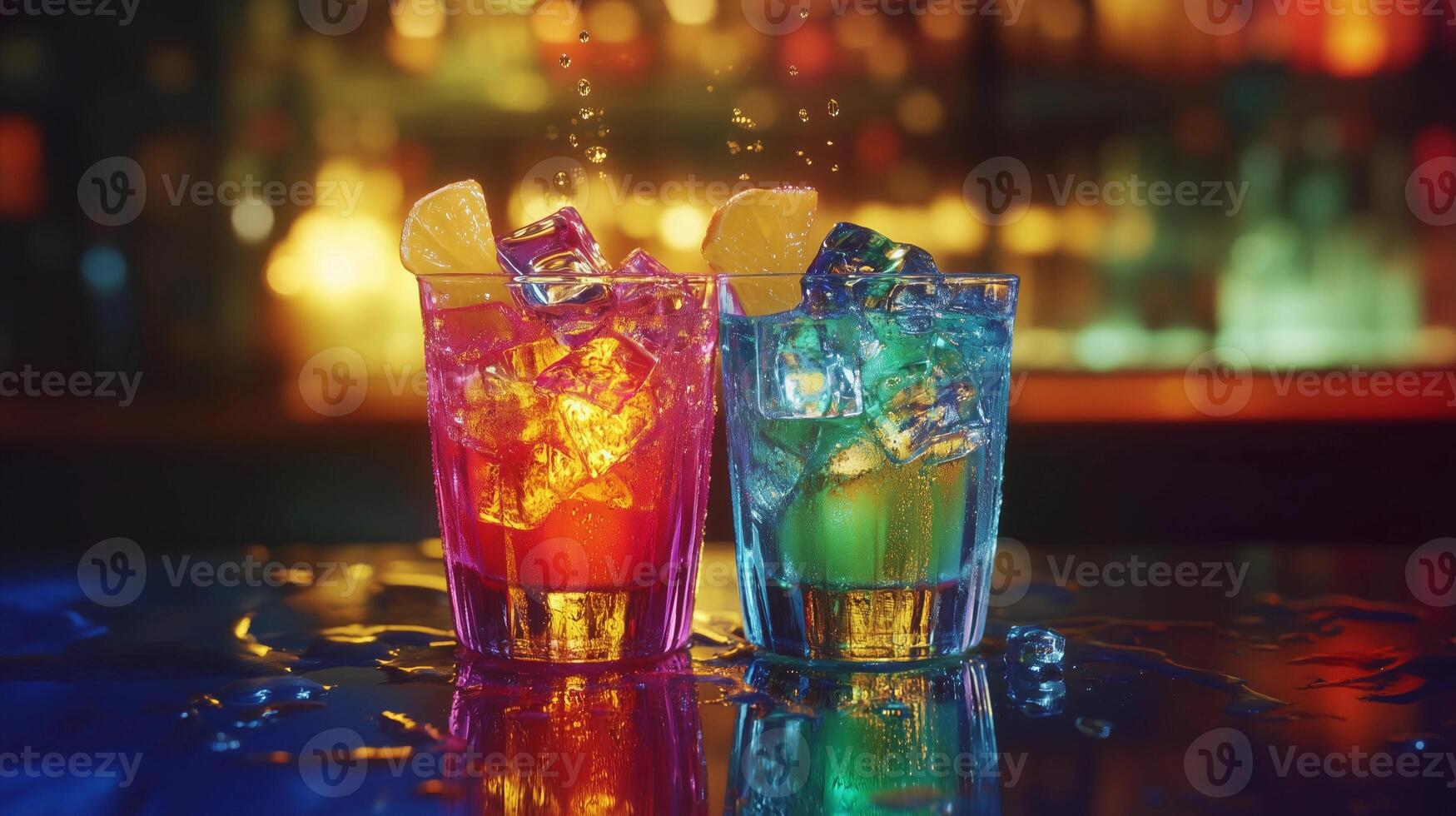 Two colorful drinks with ice cubes in them are on a table. The drinks are in glasses and are blue and pink photo