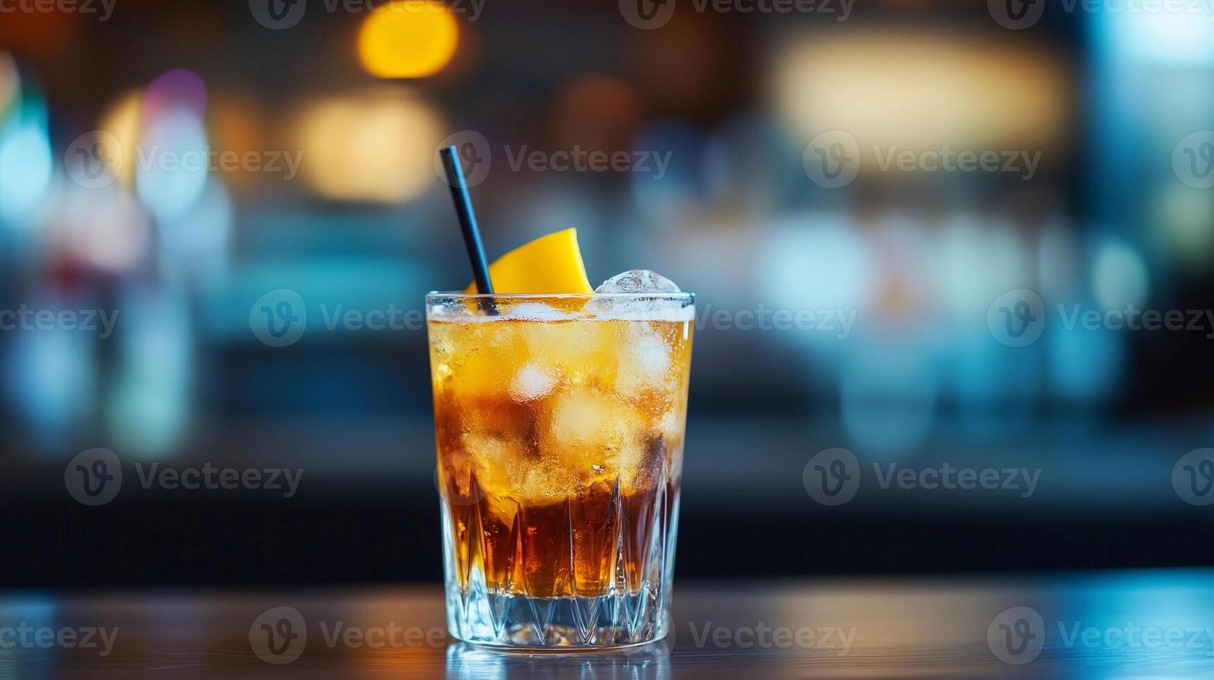 A glass of drink with a straw and a slice of orange in it. The drink is a cocktail and the glass is on a table photo