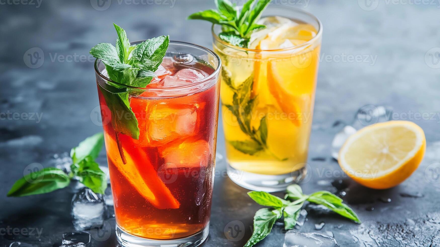 Two glasses of iced tea with mint leaves and lemon slices. One is red and the other is yellow photo