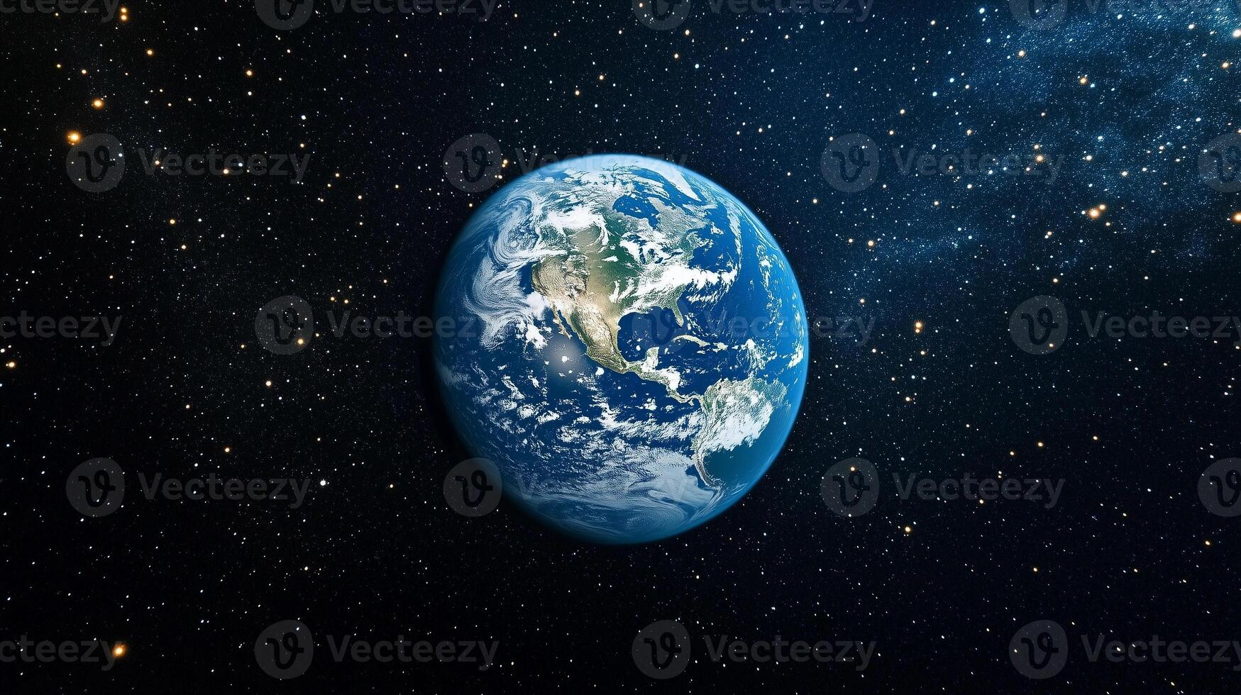 A large blue and white planet in the middle of a dark sky. The planet is surrounded by a lot of stars photo