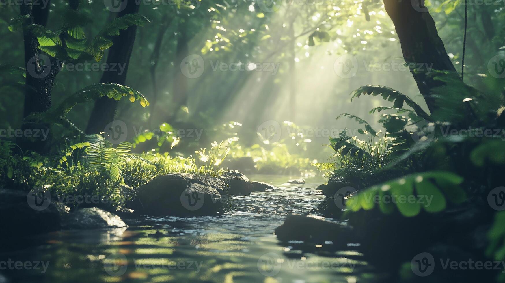 A tranquil forest stream with sunlight streaming through the trees, creating a serene and peaceful atmosphere. The water is calm and clear, reflecting the surrounding greenery photo