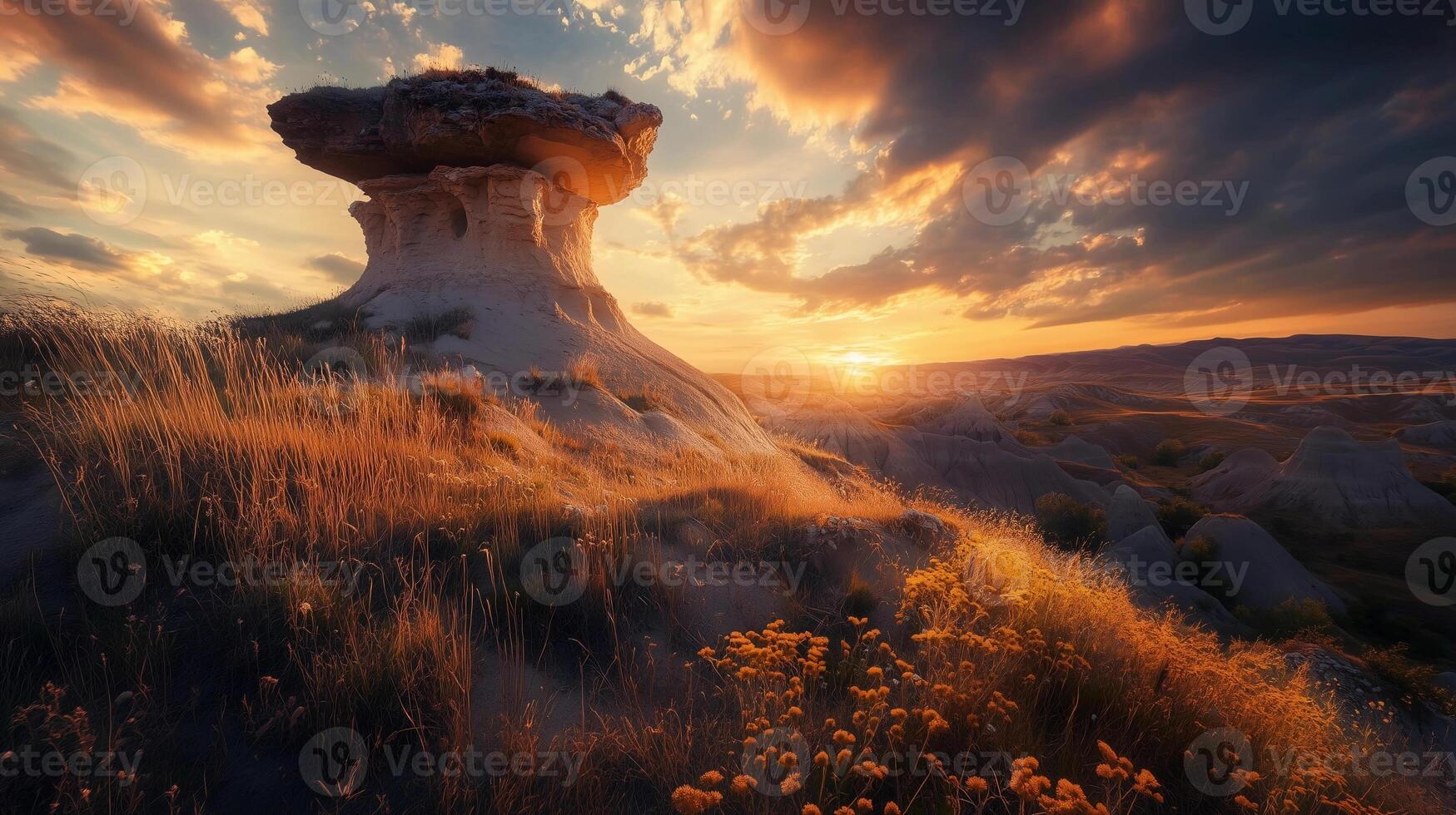 A large rock sits on a hillside with a beautiful sunset in the background. The sky is filled with clouds, creating a moody atmosphere. The sun is setting photo