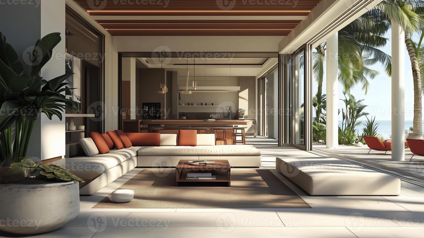 A large open living room with a white couch, a coffee table, and a potted plant. The room has a modern and spacious feel, with a view of the ocean photo