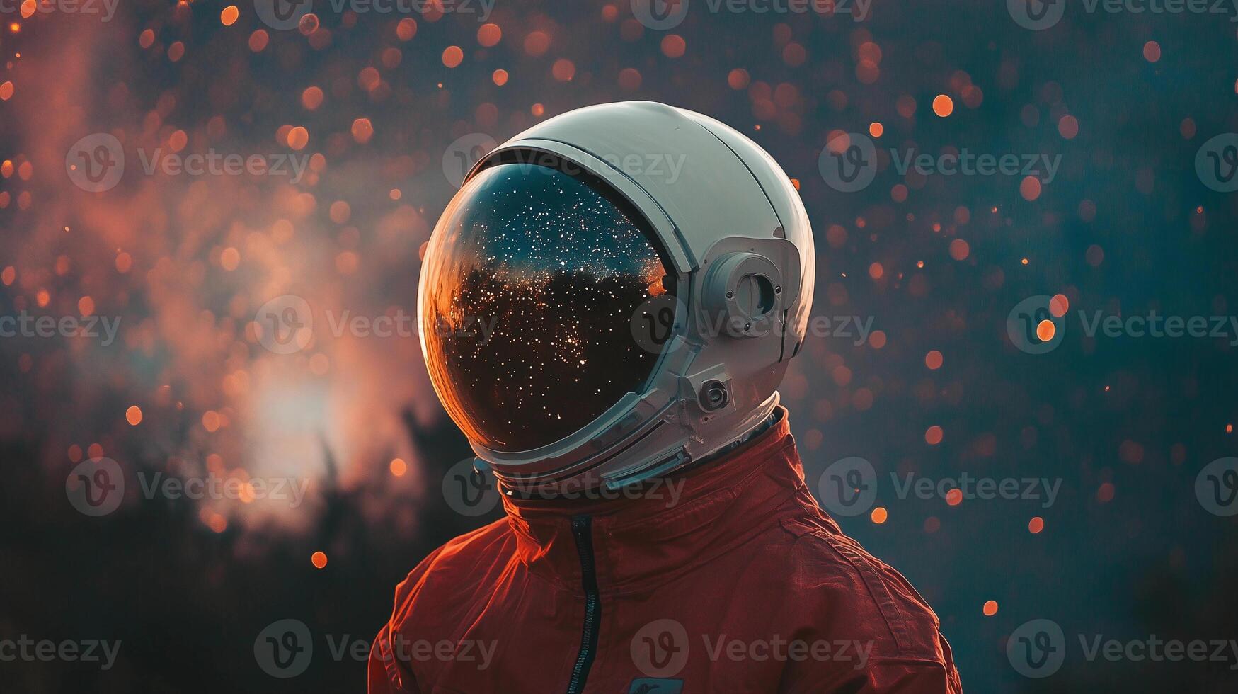 A man in a red spacesuit is standing in front of a starry sky. The image has a dreamy, otherworldly feel to it, as if the man is an astronaut exploring the universe photo