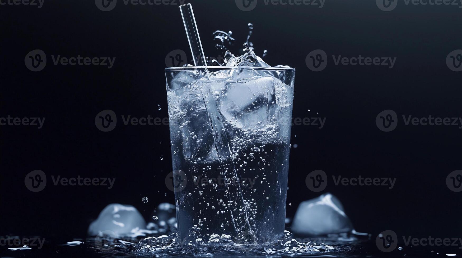 A glass of water with ice cubes and a straw in it. The water is cold and the ice cubes are melting, creating a splash. Concept of refreshment and relaxation, as the cold water photo
