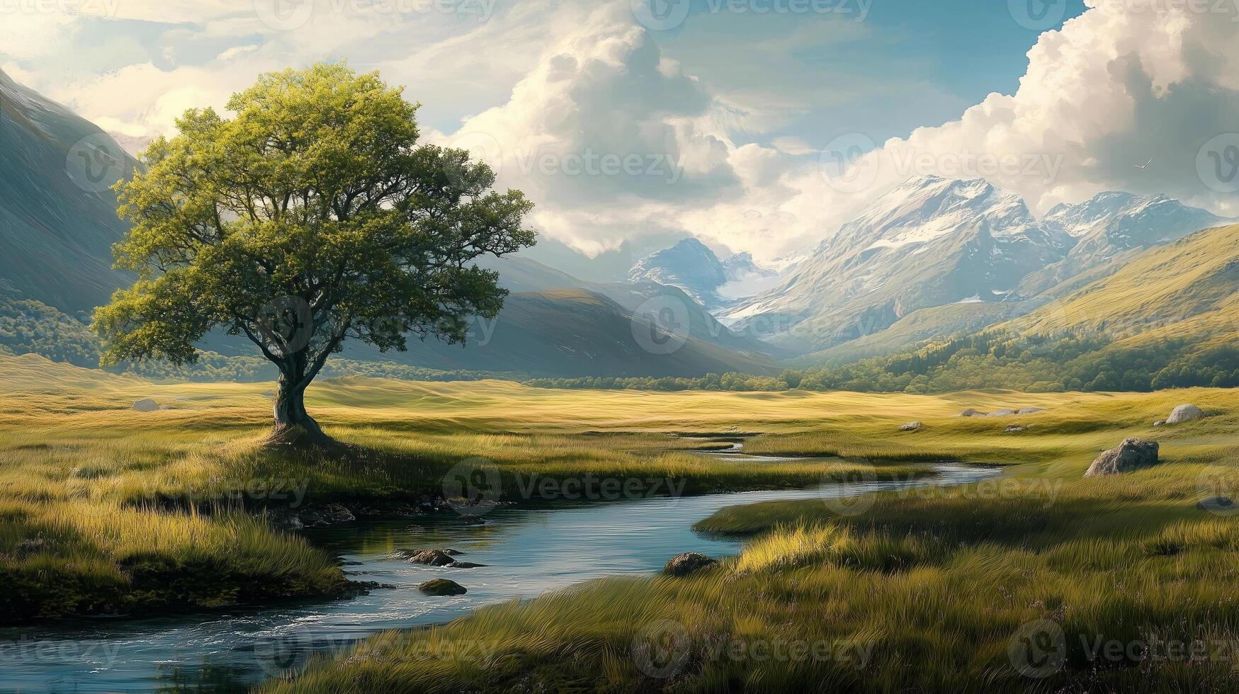 A large tree stands in a grassy field next to a river. The scene is peaceful and serene, with the tree providing a sense of calm and tranquility photo