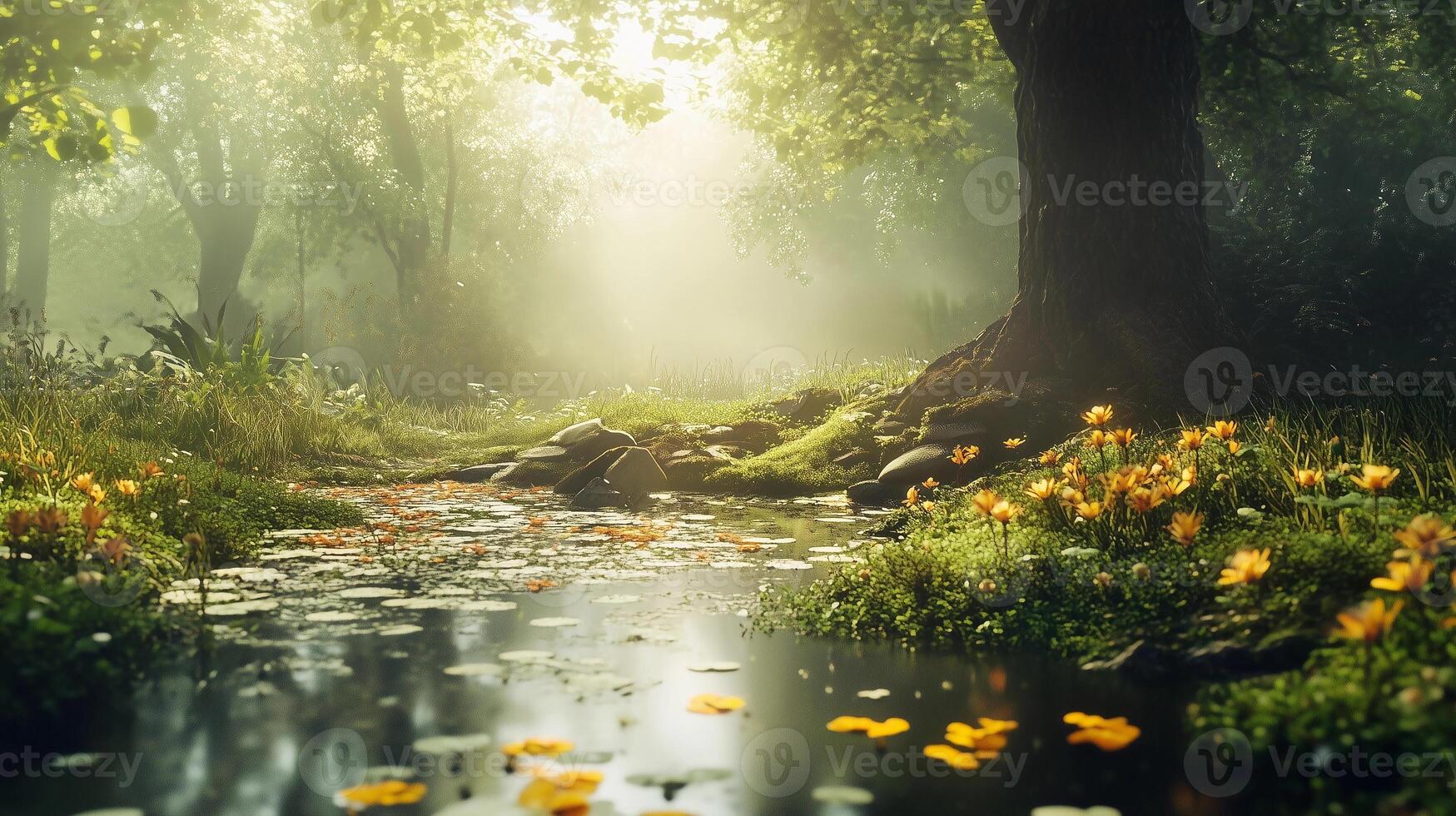 A tranquil forest scene with a large tree in the foreground and a stream running through it. The sunlight is shining through the trees, creating a warm and inviting atmosphere photo