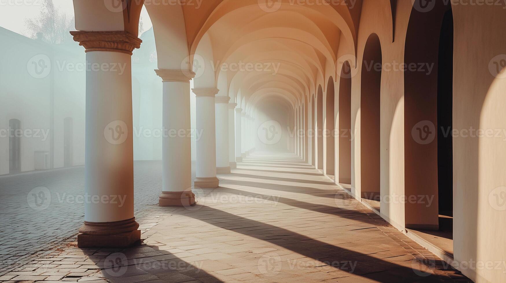 A long hallway with white pillars and a sunbeam shining through the arches. The sunlight casts a warm glow on the stone floor photo