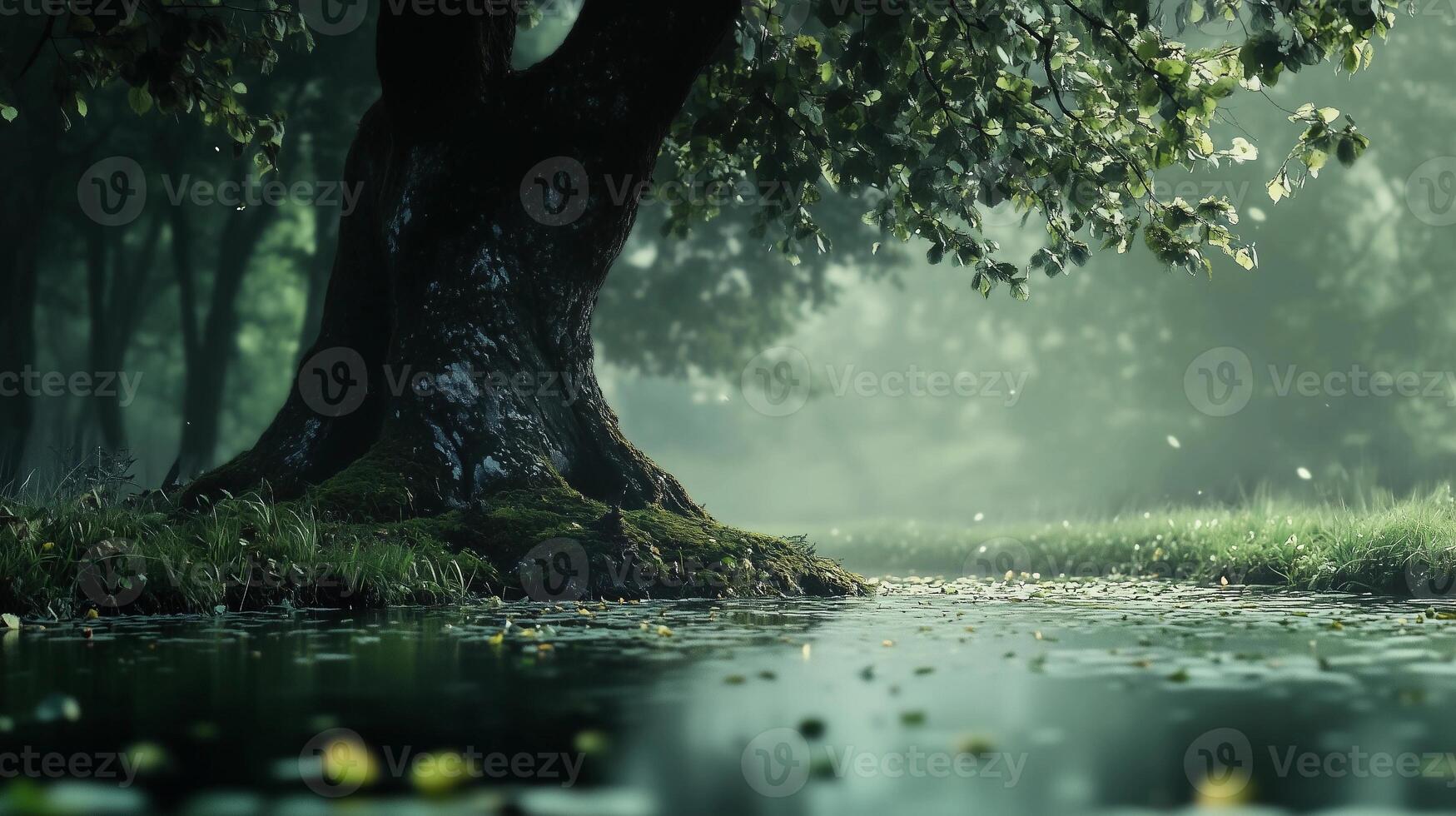 A tree is in the foreground of a forest. The water is calm and the sky is cloudy photo