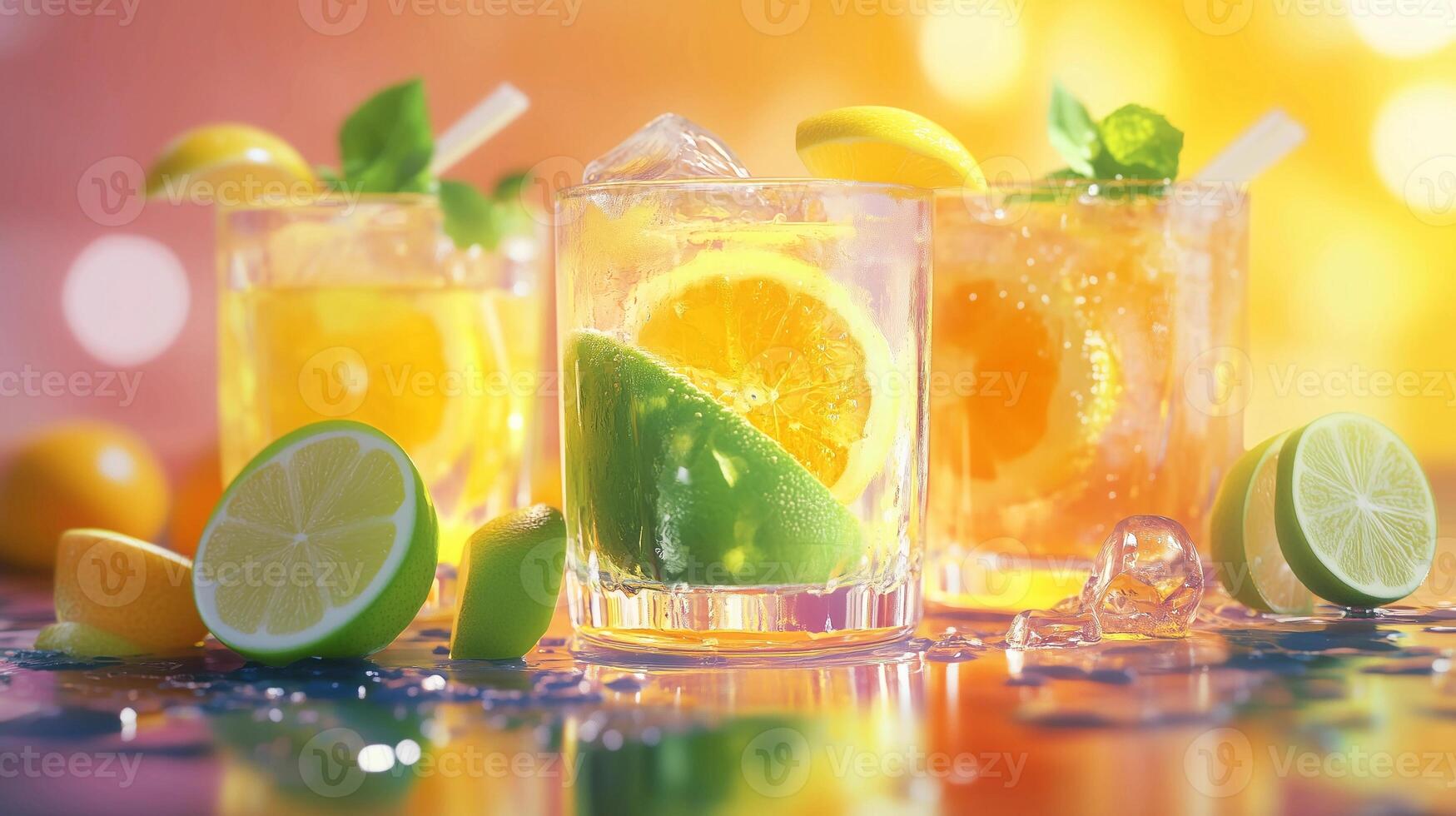 Three glasses of drinks with ice and fruit slices in them. The drinks are lemonade and orange juice photo